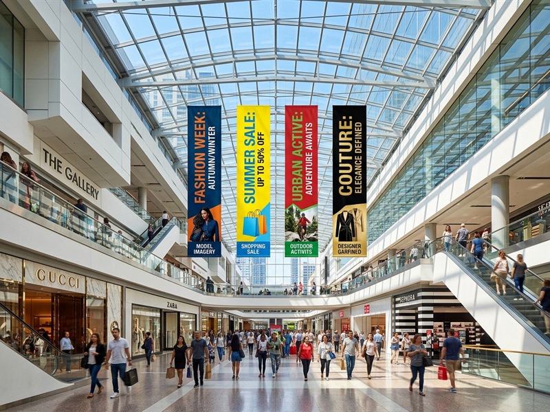 Shopping mall atrium suspended vertical promotional drop banners