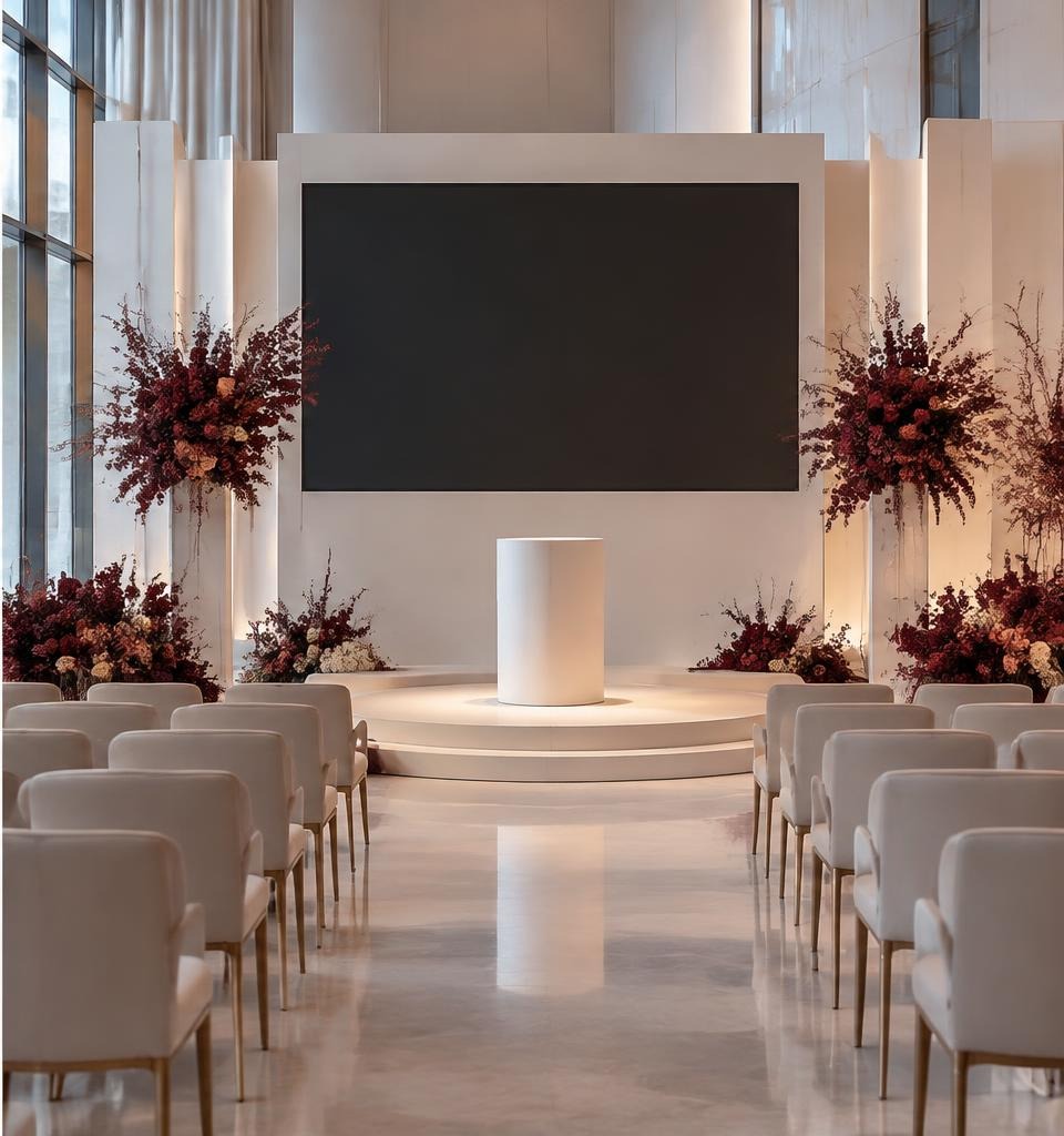 Corporate product launch event stage with intelligent moving lights
