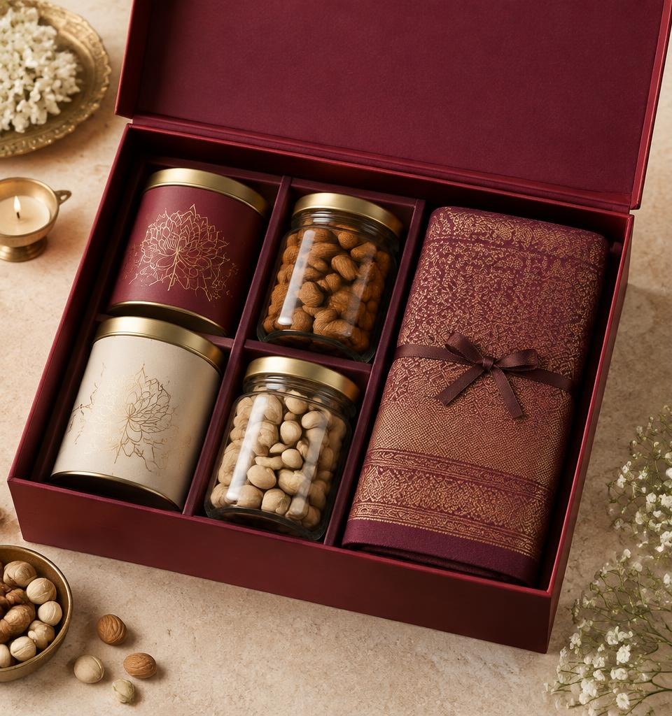 Illustrative festive gift presentation with neatly arranged boxes