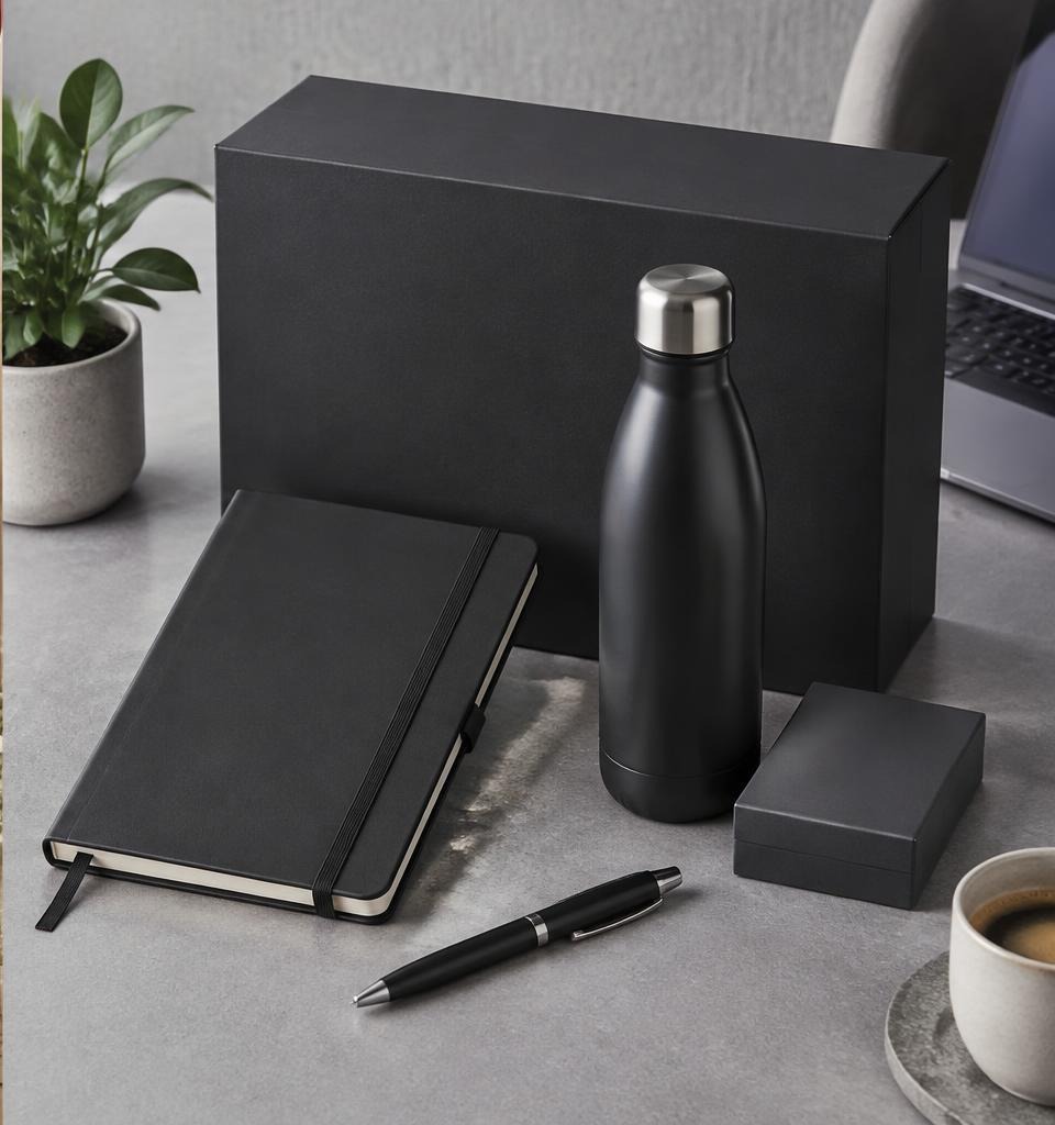 Illustrative corporate welcome kit with a notebook and desk accessories