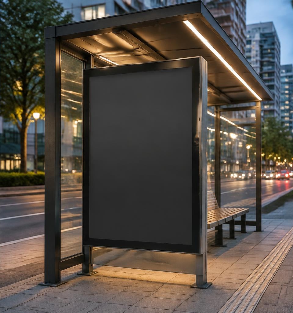 Urban commercial street-level illuminated advertising display