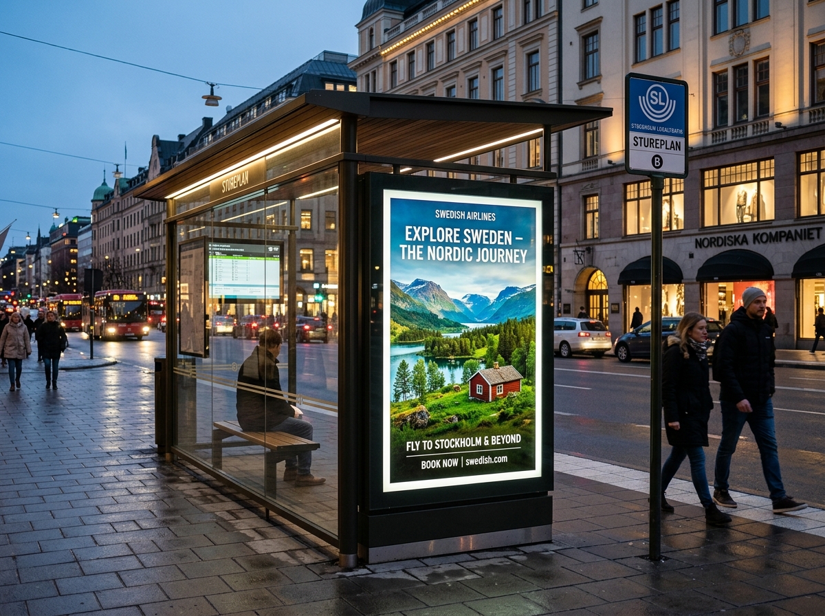 Modern urban transit bus queue shelter advertising display