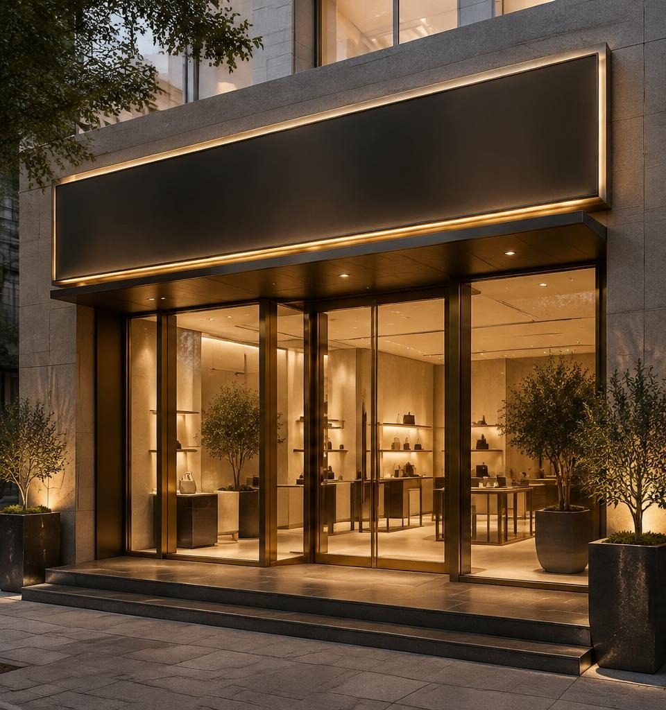 Storefront fascia concept with architectural canopy lighting