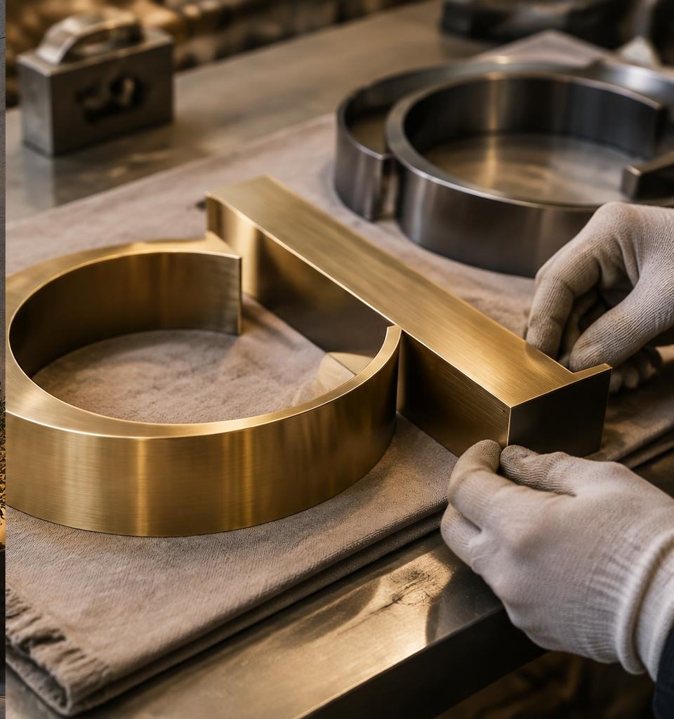 Dimensional brushed metal lettering fabrication