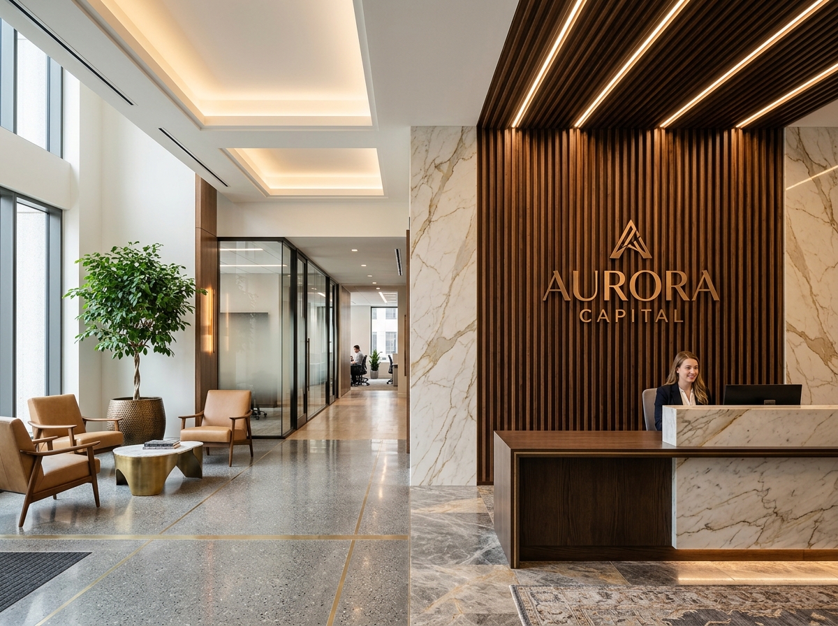 Executive reception lobby dimensional logo branding wall