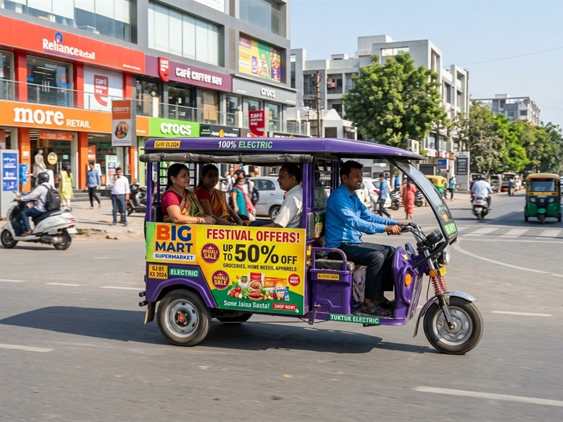 Commercial electric e-rickshaw fleet side advertising panel